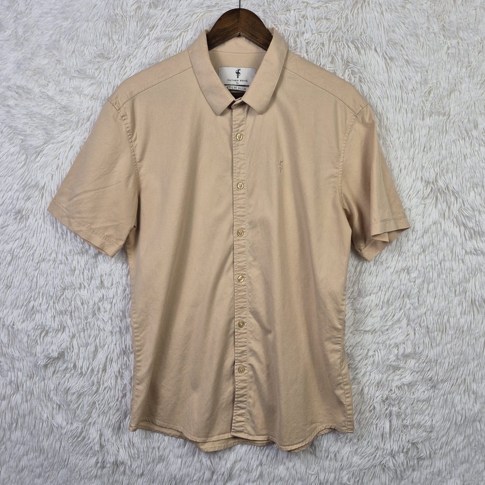 Father Sons Short Sleeve Khaki Tan Slim Fit Button Up Shirt Size XL‎